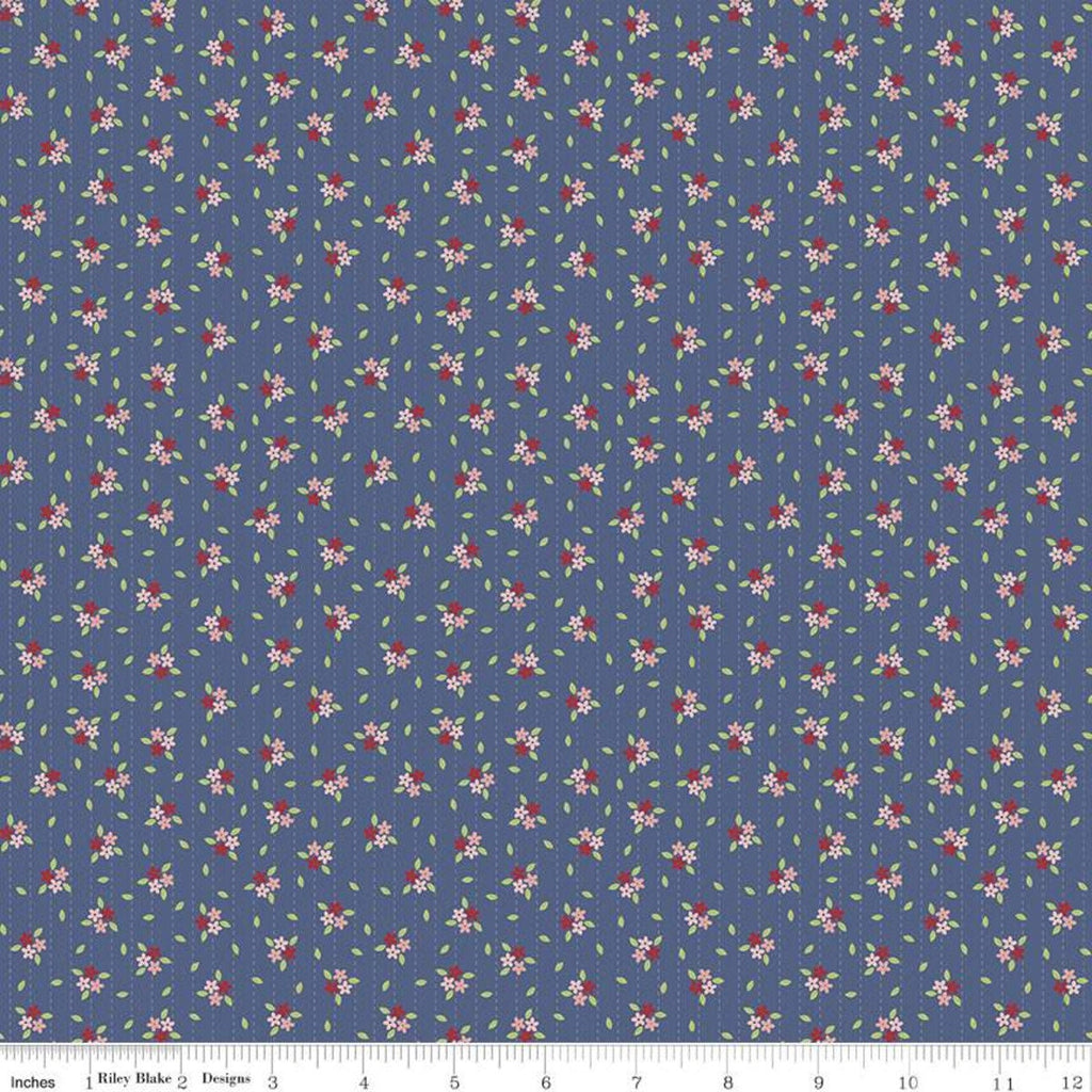 SALE Enchanted Meadow Scattered Flowers C11555 Denim - Riley Blake Designs - Floral Lined Background Blue - Quilting Cotton Fabric