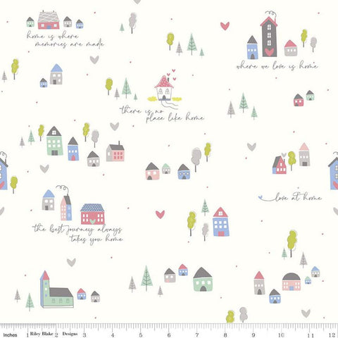 Mulberry Lane Village C11564 Off White - Riley Blake Designs - Houses Trees Pin Dots Homes Sayings - Quilting Cotton Fabric