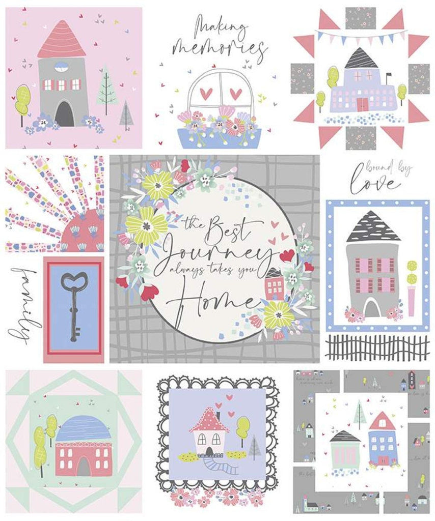 CLEARANCE Mulberry Lane Panel P11568 by Riley Blake Designs - Home Houses  Sayings Off White Gray Pink Blue - Quilting Cotton Fabric