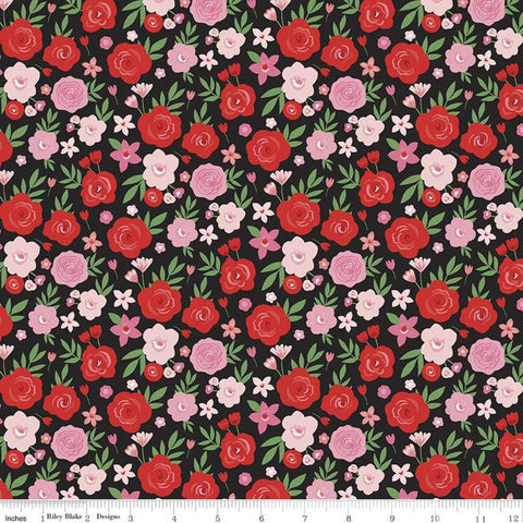 SALE Falling in Love Floral C11281 Black - Riley Blake Designs - Valentine's Day Valentines Flowers - Quilting Cotton Fabric