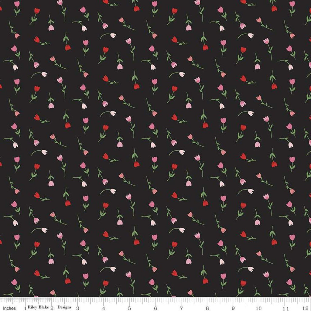 SALE Falling in Love Tulips C11284 Black - Riley Blake Designs - Valentine's Day Valentines Floral Flowers - Quilting Cotton Fabric