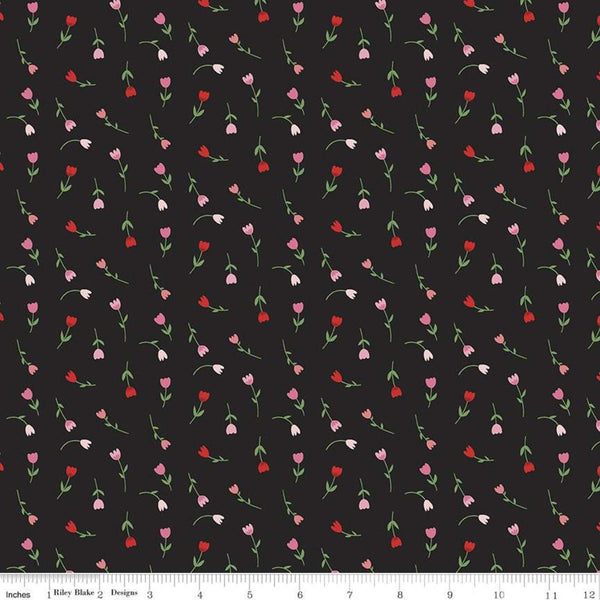 24" End of Bolt - SALE Falling in Love Tulips C11284 Black - Riley Blake - Valentine Day Valentines Floral Flowers - Quilting Cotton Fabric