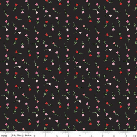 SALE Falling in Love Tulips C11284 Black - Riley Blake Designs - Valentine's Day Valentines Floral Flowers - Quilting Cotton Fabric