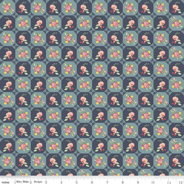 CLEARANCE Reflections Vintage Linen C11512 Navy - Riley Blake - Floral Flowers Patchwork Tiles Blue - Quilting Cotton Fabric