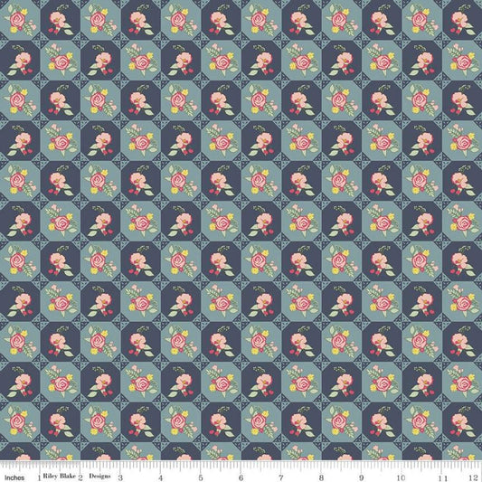 CLEARANCE Reflections Vintage Linen C11512 Navy - Riley Blake - Floral Flowers Patchwork Tiles Blue - Quilting Cotton Fabric