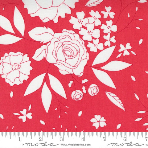Fat Quarter End of Bolt - SALE Beautiful Day Blooms 29132 Scarlet - Moda Fabrics - Floral Flowers White on Red - Quilting Cotton Fabric