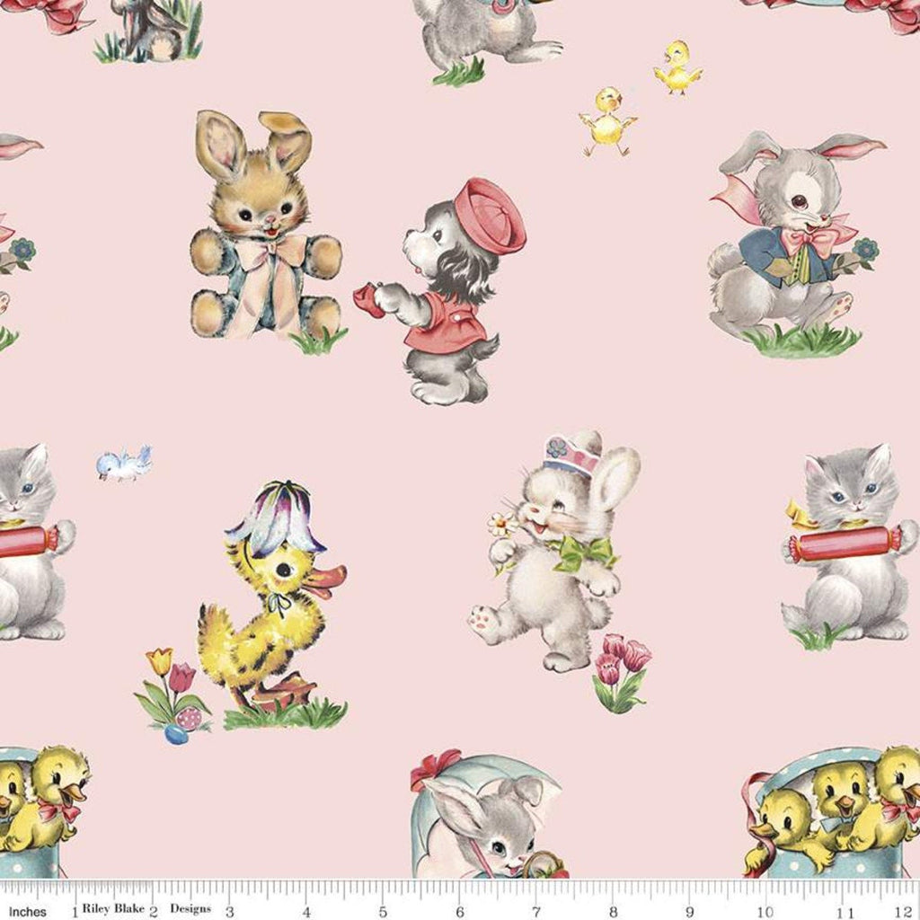Fat Quarter End of Bolt Piece - Easter Parade Main C11570 Pink - Riley Blake - Puppies Bunnies Ducks Chicks Kittens - Quilting Cotton Fabric