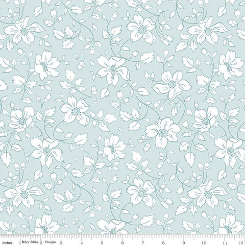 End of Bolt Pieces - Easter Parade Vines C11571 Sky - Riley Blake Designs - Floral Flowers Leaves White on Blue - Quilting Cotton Fabric