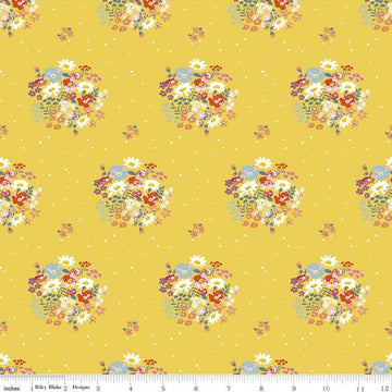 Fat Quarter End of Bolt - CLEARANCE Misty Morning Bouquets - Riley Blake - Floral Flowers on Pin Dot Yellow - Quilting Cotton