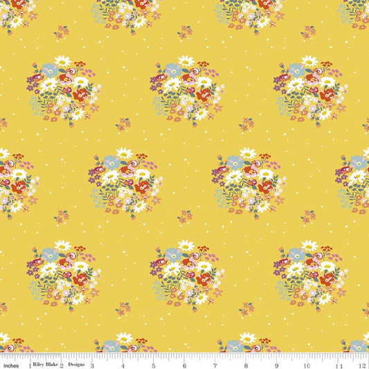 Fat Quarter End of Bolt - CLEARANCE Misty Morning Bouquets - Riley Blake - Floral Flowers on Pin Dot Yellow - Quilting Cotton