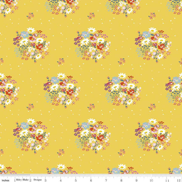 CLEARANCE Misty Morning Bouquets C11581 Dandelion - Riley Blake Designs - Floral Flowers on Pin Dot Yellow - Quilting Cotton Fabric