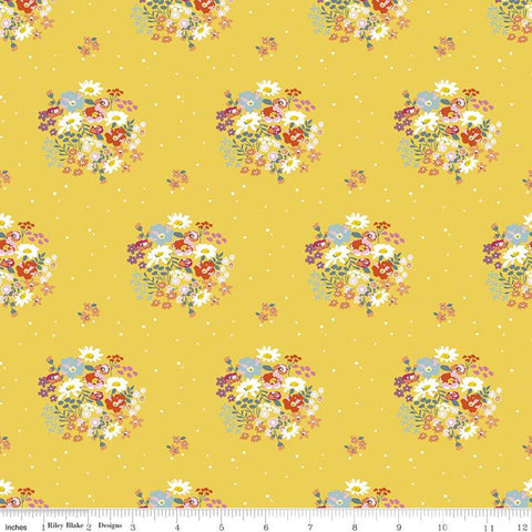 CLEARANCE Misty Morning Bouquets C11581 Dandelion - Riley Blake Designs - Floral Flowers on Pin Dot Yellow - Quilting Cotton Fabric