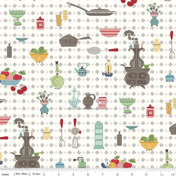 SALE Cook Book Wallpaper C11750 Multi - Riley Blake Designs - Lori Holt - Vintage Kitchen Pans Stove Off White  - Quilting Cotton Fabric