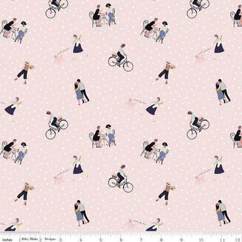 10" End of Bolt - SALE Saturday in Paris Friends C11361 Pink - Riley Blake Designs - People Bicycles Dots - Quilting Cotton Fabric