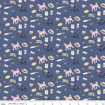 30" End of Bolt Piece - SALE Saturday in Paris C11363 Denim Riley Blake Bicycle Flower Hat Dog Suitcase Passport Blue Quilting Cotton Fabric