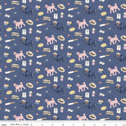 30" End of Bolt Piece - SALE Saturday in Paris C11363 Denim Riley Blake Bicycle Flower Hat Dog Suitcase Passport Blue Quilting Cotton Fabric
