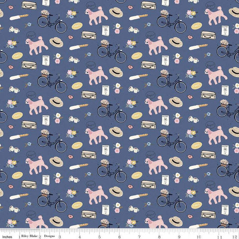 SALE Saturday in Paris Icons C11363 Denim - Riley Blake - Bicycles Flowers Hats Poodles Suitcases Passports Blue - Quilting Cotton Fabric