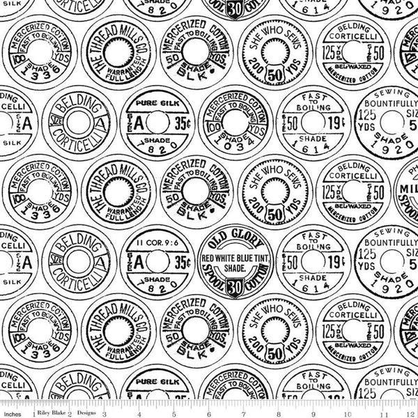 Best of She Who Sews Low Volume Spool Tops C11338 Black - Riley Blake Designs - Sewing Vintage Thread Labels - Quilting Cotton Fabric