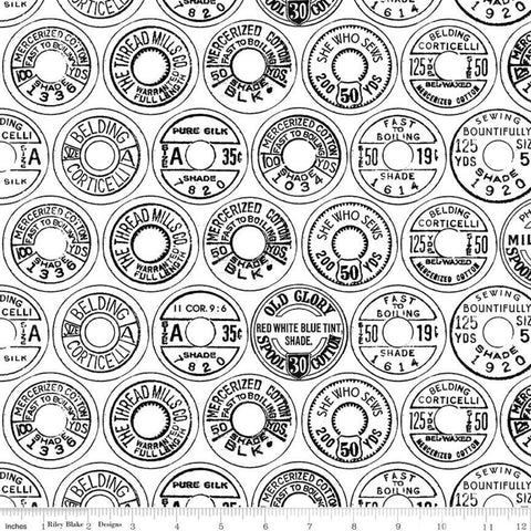 Best of She Who Sews Low Volume Spool Tops C11338 Black - Riley Blake Designs - Sewing Vintage Thread Labels - Quilting Cotton Fabric