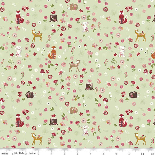 SALE Enchanted Meadow Forest Friends C11551 Green - Riley Blake - Flowers Mushrooms Hedgehogs Rabbits Birds Foxes Deer - Quilting Cotton