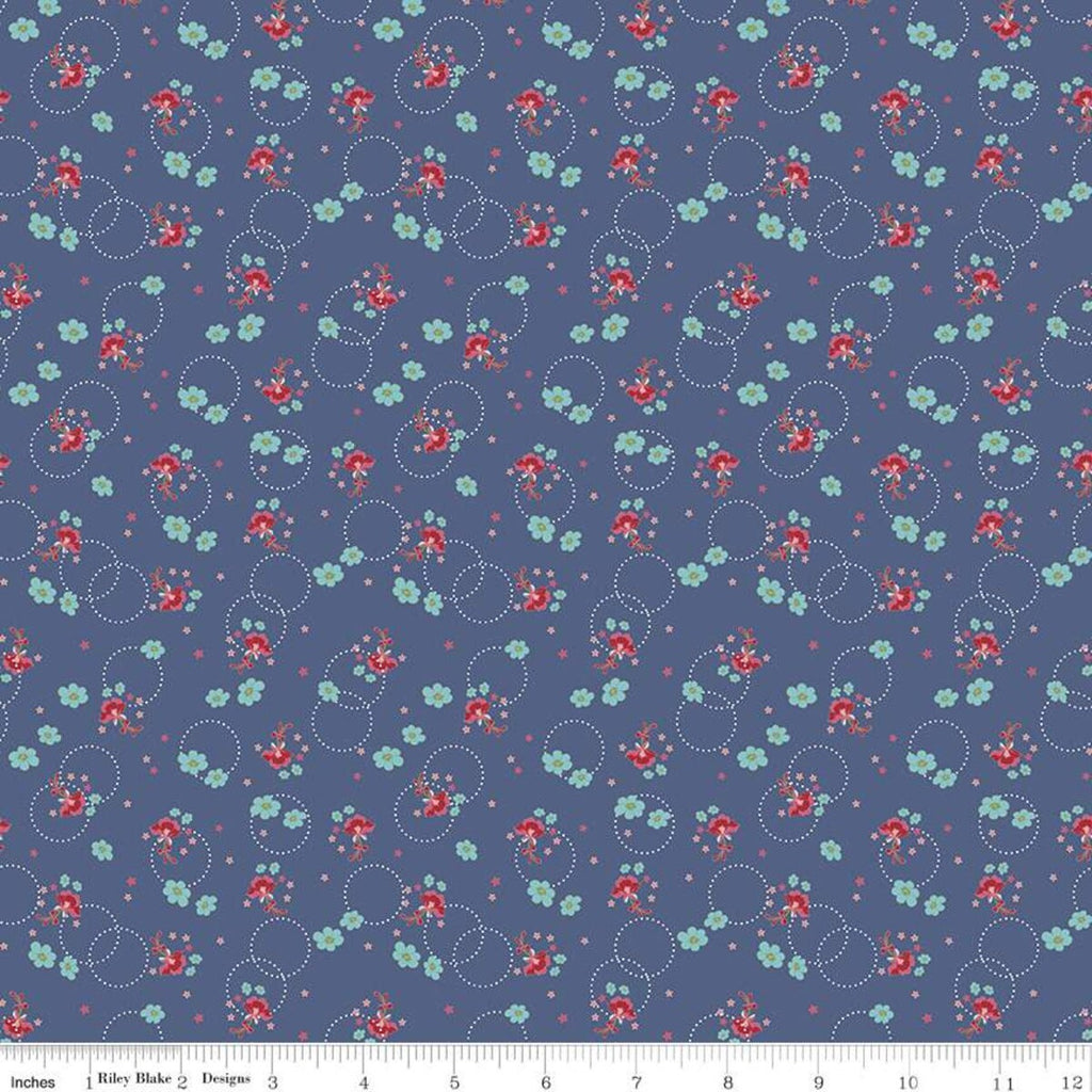 CLEARANCE Enchanted Meadow Bouquets C11553 Denim - Riley Blake  - Floral Flowers Dotted Circles Stars Blue - Quilting Cotton