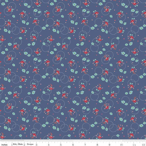 SALE Enchanted Meadow Bouquets C11553 Denim - Riley Blake Designs - Floral Flowers Dotted Circles Stars Blue - Quilting Cotton Fabric