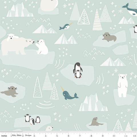 SALE Nice Ice Baby Main C11600 Mint - Riley Blake Designs - Polar Bears Penguins Narwhals Icebergs Snowflakes  - Quilting Cotton Fabric