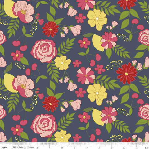 10" End of Bolt - SALE Reflections Main C11510 Navy - Riley Blake - Floral Flowers Leaves Cherries Lemons Blue - Quilting Cotton Fabric