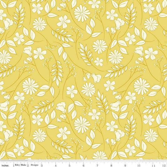 SALE Reflections Flower Garden C11511 Yellow - Riley Blake Designs - Floral White Flowers Leaves - Quilting Cotton Fabric