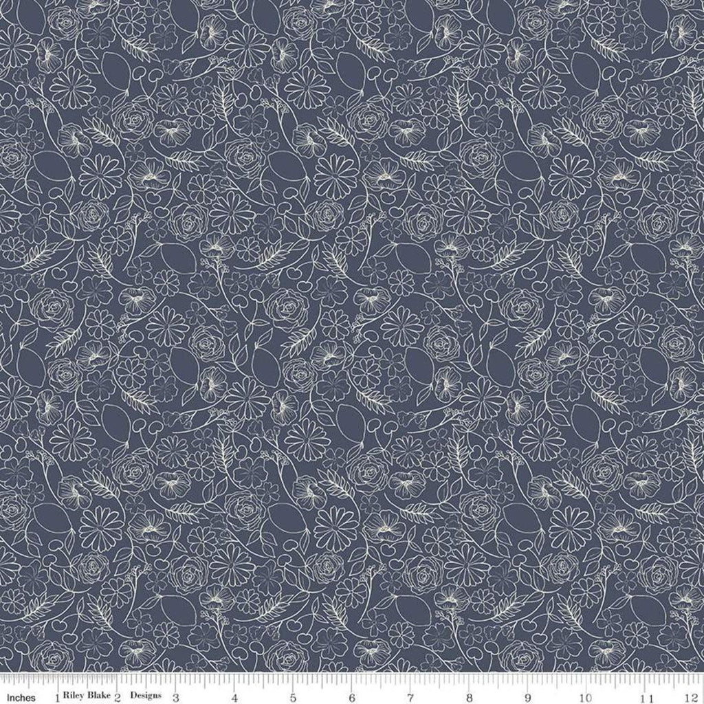 Fat Quarter End of Bolt - CLEARANCE Reflections Floral Jubilee C11516 Navy - Riley Blake - Flowers Leaves Cherries - Quilting Cotton Fabric