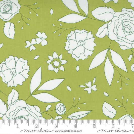26" End of Bolt - SALE Beautiful Day Blooms 29132 Pistachio - Moda Fabrics - Floral Flowers White on Green - Quilting Cotton Fabric