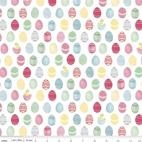SALE Easter Parade Eggs C11572 White - Riley Blake Designs - Chicks Decorated Eggs - Quilting Cotton Fabric