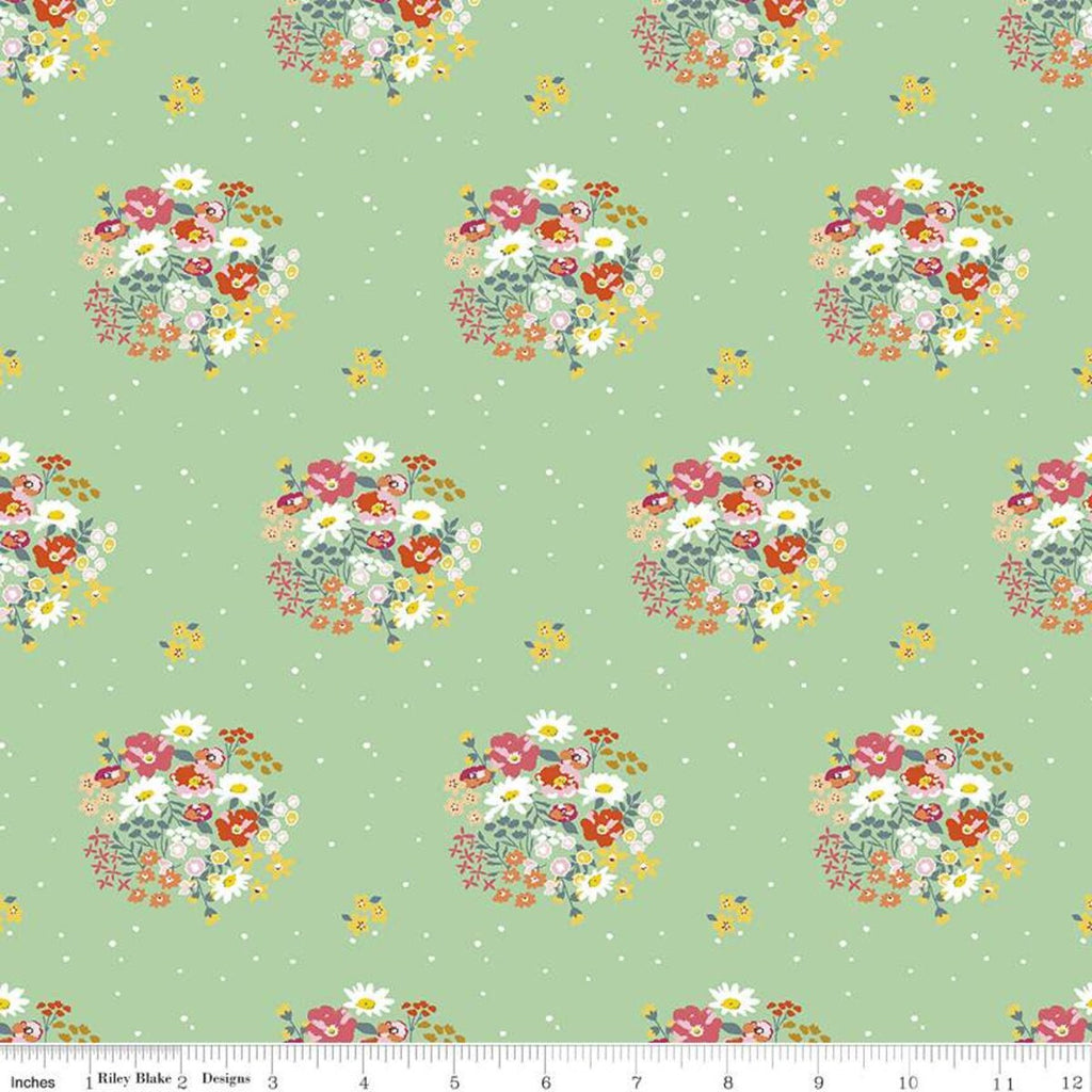 CLEARANCE Misty Morning Bouquets C11581 Sweet Pea - Riley Blake - Floral Flowers on Pin Dot Green - Quilting Cotton Fabric