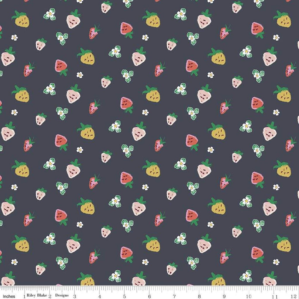 SALE Misty Morning Strawberries C11582 Midnight - Riley Blake Designs - Berries Blossoms - Quilting Cotton Fabric