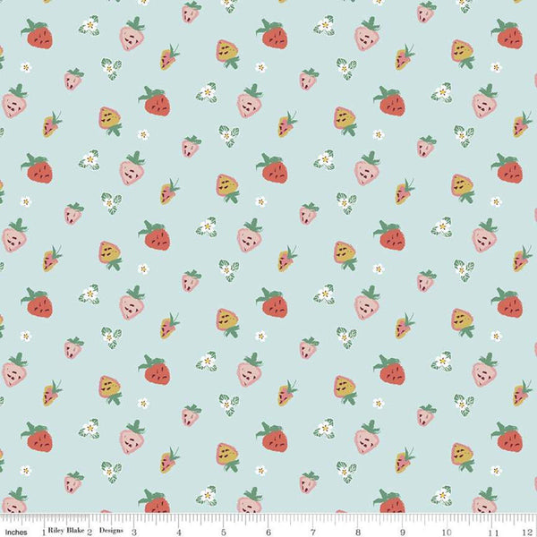 32" End of Bolt Piece - SALE Misty Morning Strawberries C11582 Sky - Riley Blake Designs - Berries Blossoms Blue - Quilting Cotton Fabric