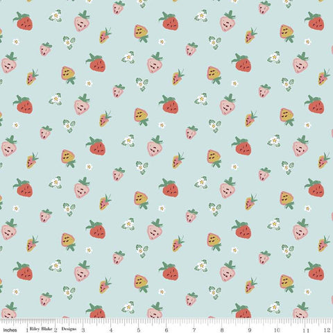 SALE Misty Morning Strawberries C11582 Sky - Riley Blake Designs - Berries Blossoms Blue - Quilting Cotton Fabric