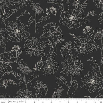 SALE Honey Bee Wildflowers C11701 Black - Riley Blake Designs - Line-Drawn Flowers Floral - Quilting Cotton Fabric