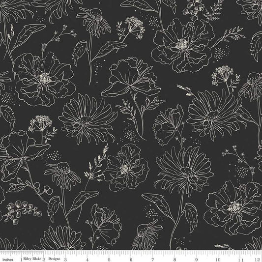 SALE Honey Bee Wildflowers C11701 Black - Riley Blake Designs - Line-Drawn Flowers Floral - Quilting Cotton Fabric