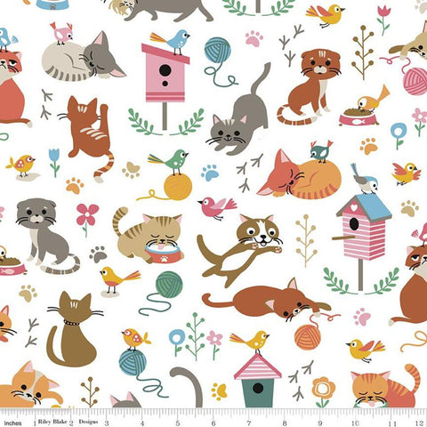 33" End of Bolt - Cat's Meow Main C11630 White - Riley Blake - Cats Birds Bird Houses Paw Prints Flowers Yarn - Quilting Cotton Fabric