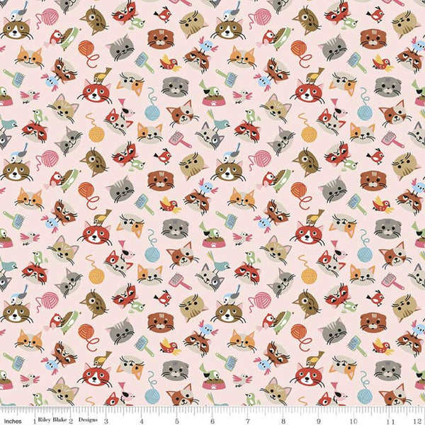 34" End of Bolt - SALE Cat's Meow Head Toss C11631 Pink - Riley Blake Designs - Cats Kittens Birds Yarn Brushes - Quilting Cotton Fabric