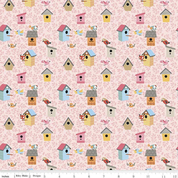 SALE Cat's Meow Bird Houses C11632 Pink - Riley Blake Designs - Birds Leaves - Quilting Cotton Fabric