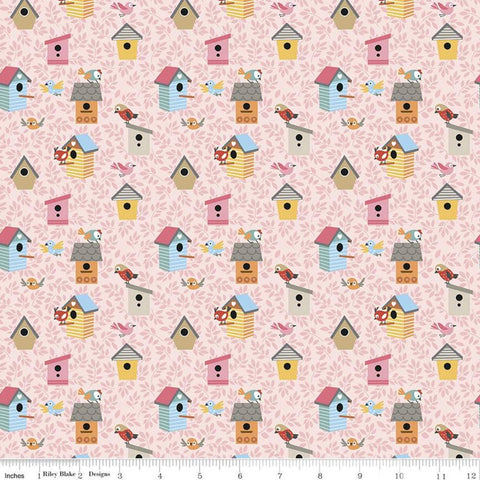 SALE Cat's Meow Bird Houses C11632 Pink - Riley Blake Designs - Birds Leaves - Quilting Cotton Fabric