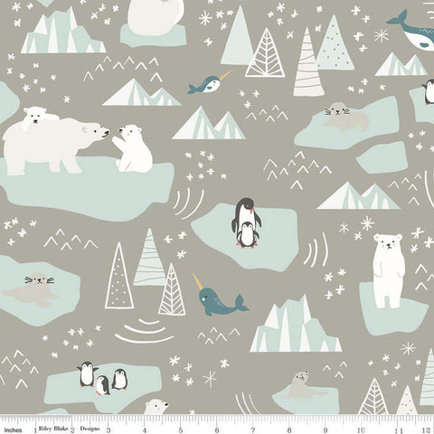 SALE Nice Ice Baby Main C11600 Gray - Riley Blake Designs - Polar Bears Penguins Narwhals Icebergs Snowflakes  - Quilting Cotton Fabric