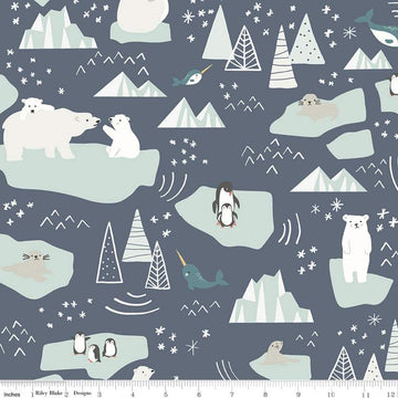 DEAL Nice Ice Baby Main C11600 Navy - Riley Blake Designs - Polar Bears Penguins Narwhals Icebergs Snowflakes Blue - Quilting Cotton Fabric