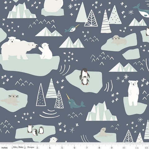 Nice Ice Baby Main C11600 Navy - Riley Blake Designs - Polar Bears Penguins Narwhals Icebergs Snowflakes Blue - Quilting Cotton Fabric