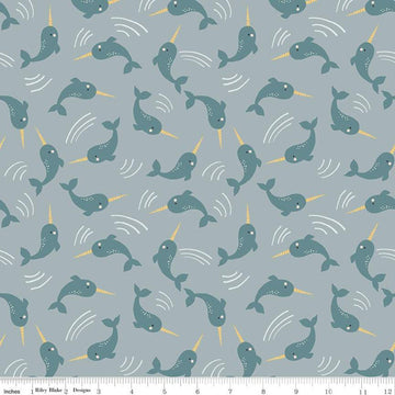 SALE Nice Ice Baby Narwhals C11602 Stone Blue - Riley Blake Designs - Whales Ocean - Quilting Cotton Fabric