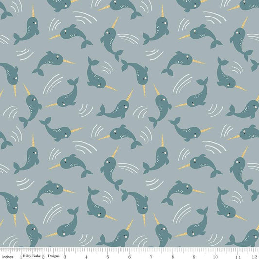 SALE Nice Ice Baby Narwhals C11602 Stone Blue - Riley Blake Designs - Whales Ocean - Quilting Cotton Fabric