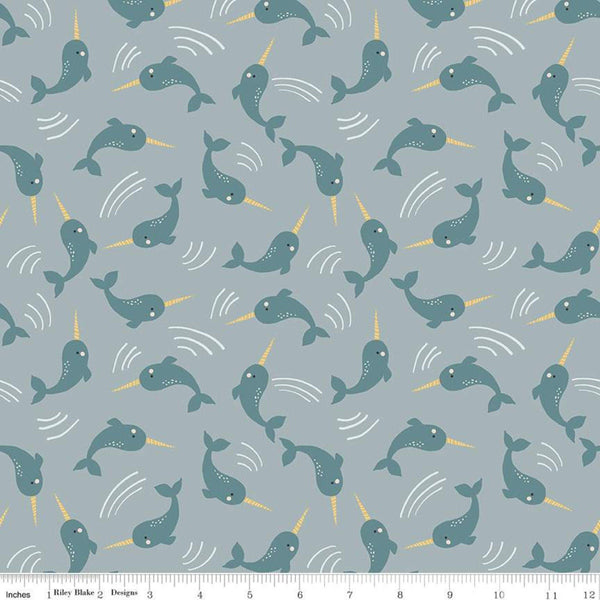 SALE Nice Ice Baby Narwhals C11602 Stone Blue - Riley Blake Designs - Whales Ocean - Quilting Cotton Fabric