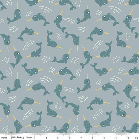 SALE Nice Ice Baby Narwhals C11602 Stone Blue - Riley Blake Designs - Whales Ocean - Quilting Cotton Fabric