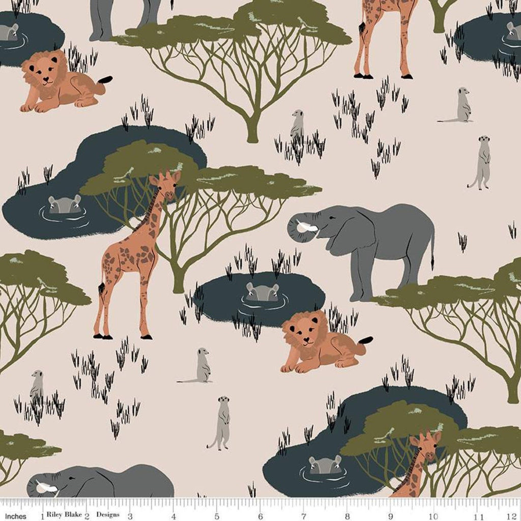 The Waterhole Main C11840 Natural - Riley Blake Designs - Giraffes Elephants Lions Meerkats Hippopotamuses - Quilting Cotton Fabric